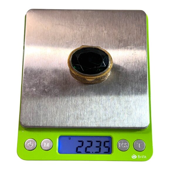 Antique Miniature Trinket Large Emerald Green Goldtone Filigree Ring Jewelry Box - Picture 8 of 12